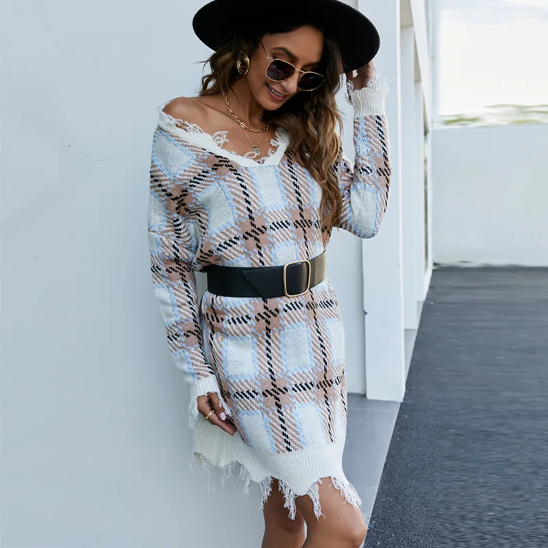 

Elegant Women Plaid Knitted Dress Frayed Tassel Loose Pullover Sweater Dresses Female Autumn Loose Long Bottom Vestidos 2023 New