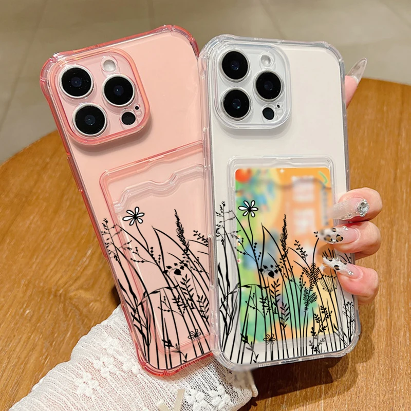 Case For iPhone 16 Pro Max Luxury Card Slot Sketch Flowering Shrubs Print Clear Silicone Cover For iPhone 11 12 13 14 15 Pro Max