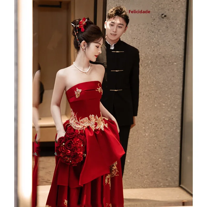 

Red Wedding Dress New Chinese Style Engagement Banquet Gown Women's High Waist Long Skirt No Sleeve Princess Style Spring 2025
