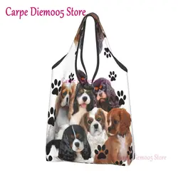 Cavalier King Charles Spaniel Family Group Groceries Shopping Tote Bag Kawaii Dog Shoulder Shopper Bags Large Capacity Handbags