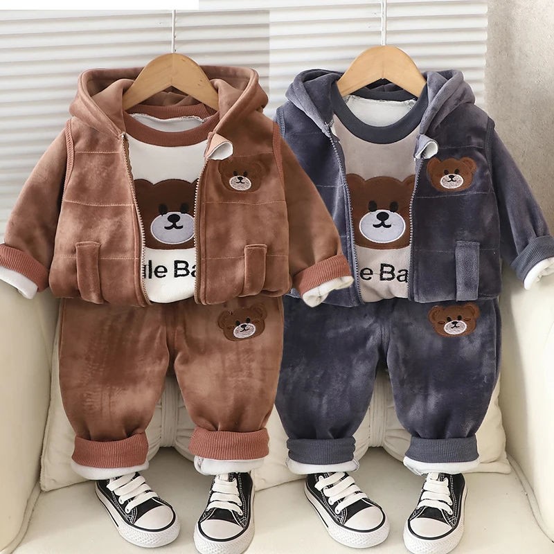 New Autumn Winter Warm Boys Girls Clothing Set Cartoon Bear Lined With Velvet Hooded Vest + Shirt + Pants 3Pcs Suit For Kids