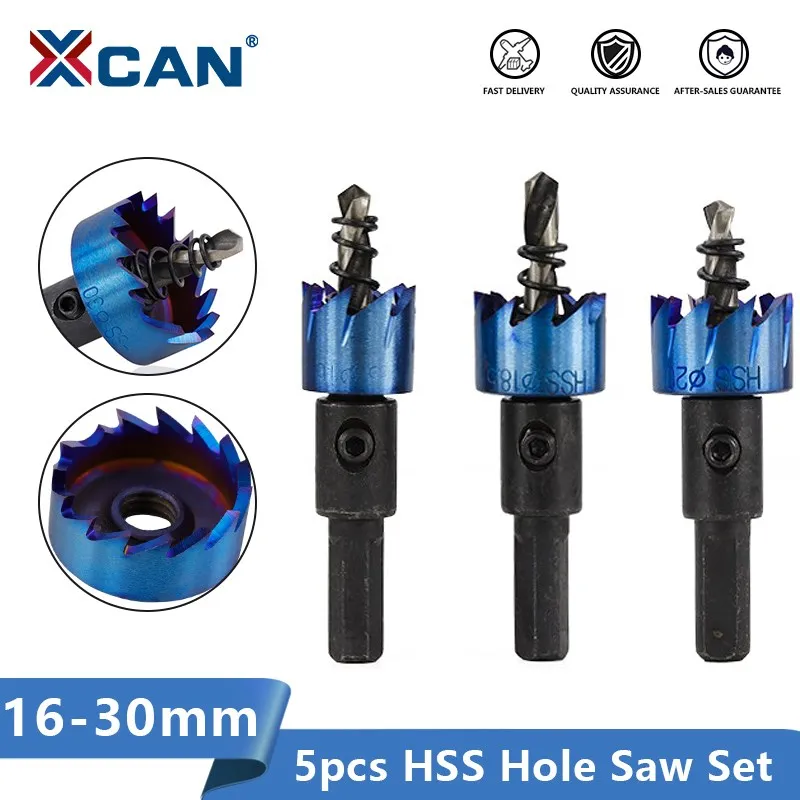 XCAN HSS Core Drill 16/18.5/20/25/30mm HSS Steel Hole Saw Set Metalworking Drill Bit Hole Opening Tool 5pcs