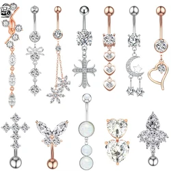 Bungelende Omgekeerde Staaf Zirkoon Navelpiercings Bloem Hart Chirurgisch Staal Piercing Nombril Sexy Omgekeerd Bar Buikpiercings