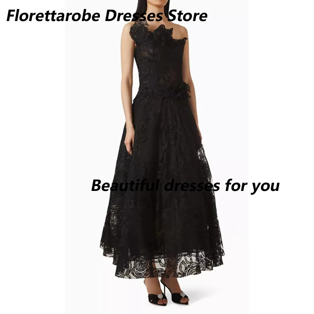Customized Tulle Beading Strapless Black Evening Gown Sleeveless Pleated A-line Flower Pattern Ankle-Length Formal Prom Gown