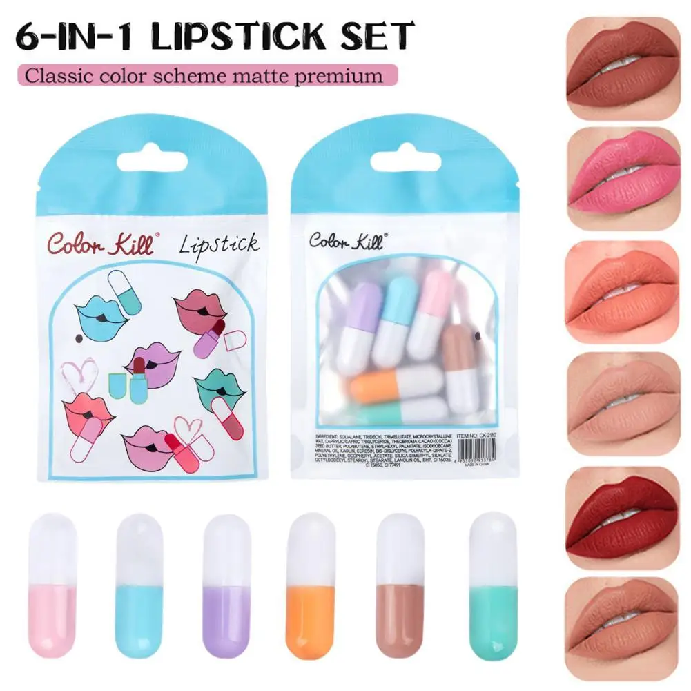 6pcs/set Mini Capsule Lipstick Moisturizing Waterproof Non-stick Cup Carry Pill Lipstick Lips Makeup Gift Sexy Red Lip Balm