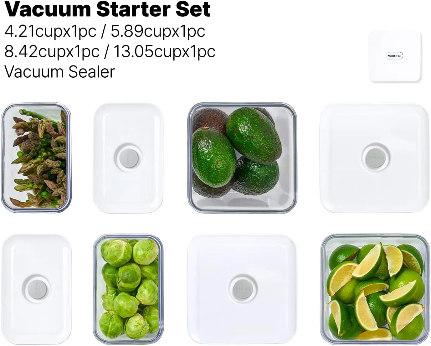 VAKUEN-Recipientes De Armazenamento De Alimentos Hermético e Máquina Seladora A Vácuo Starter Set, Premium Starter Container com Selador, 100% Leak Pr, 4 Pcs