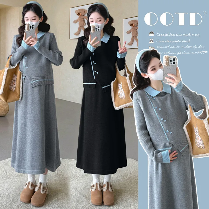 Maternity Suit Autumn Winter Lapel Collar Long Sleeve Knit Dress and Vest 2 Piece Set 2026