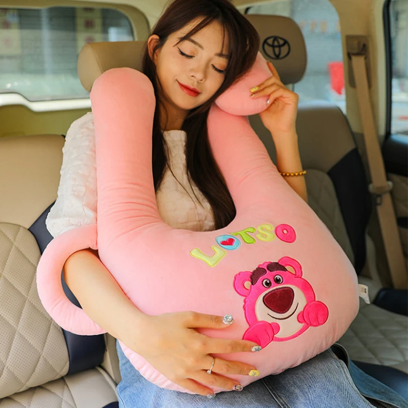 Disney's new anime multifunctional strawberry bear car pillow backrest plush toy doll Winnie bear waist support nap blanket