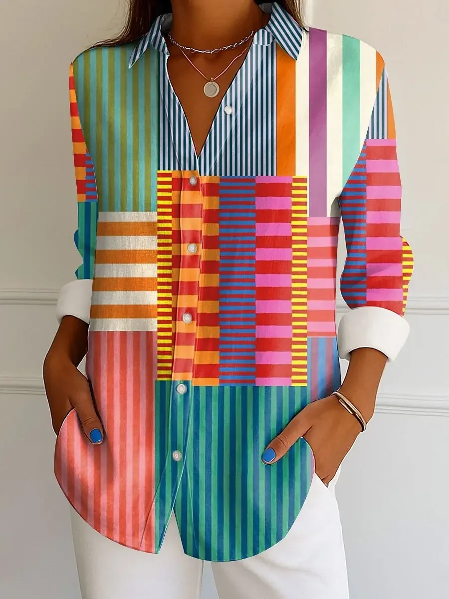 Women's Shirt Graphic Geometric Striped Fashion Tropical Daily Long Sleeve Shirts Collar Regular Tops Daily Buttons Print Autumn