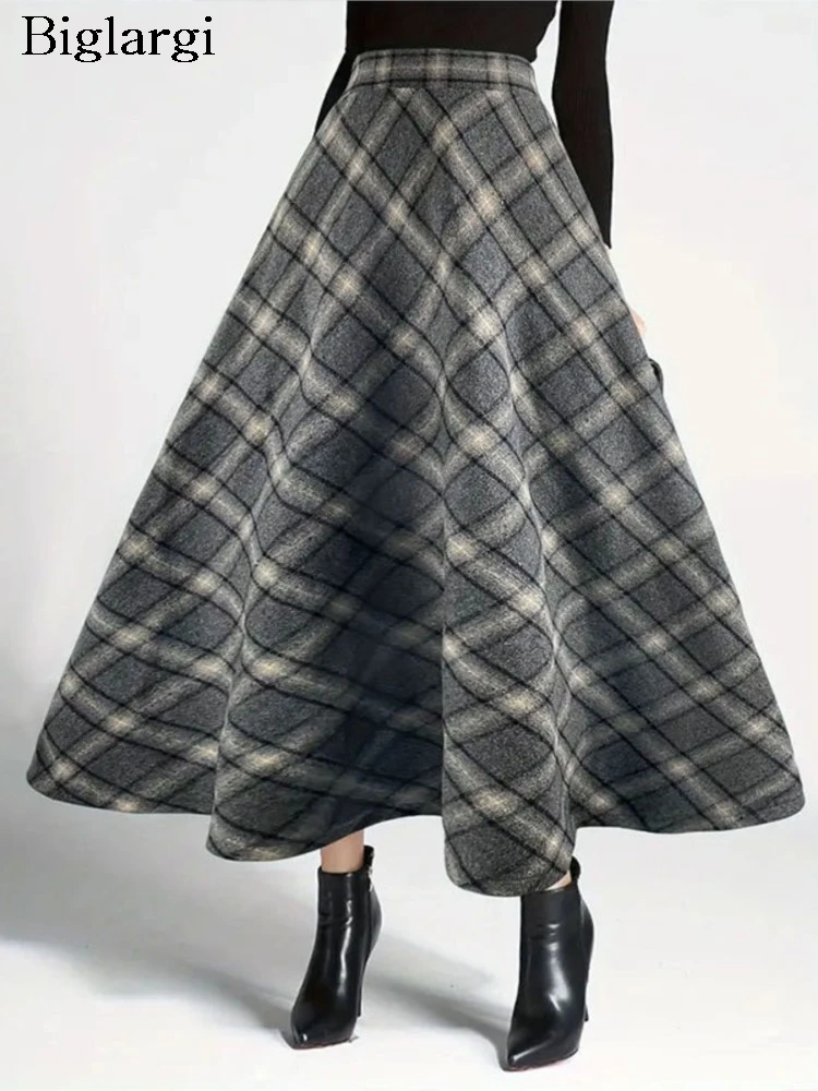 

Autumn Winter Woolen Skirt Women Plaid Print RufflePleated Fashion High Waist Ladies Skirts Korean Style Loose Woman Skirt