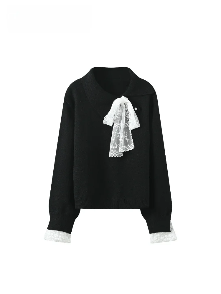 

plus Size Knitted Long Sve Lace Collar Women's Top Trendy Spring Faion Design Casual Comfortable Polyester Fiber