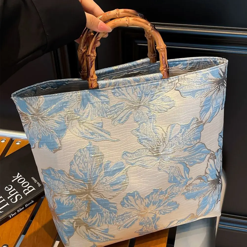 Bamboo Handle Hanfu Tote Bag Vintage Floral Retro Style Qipao Tote Bag National Style Large Capacity Large Capacity Tote