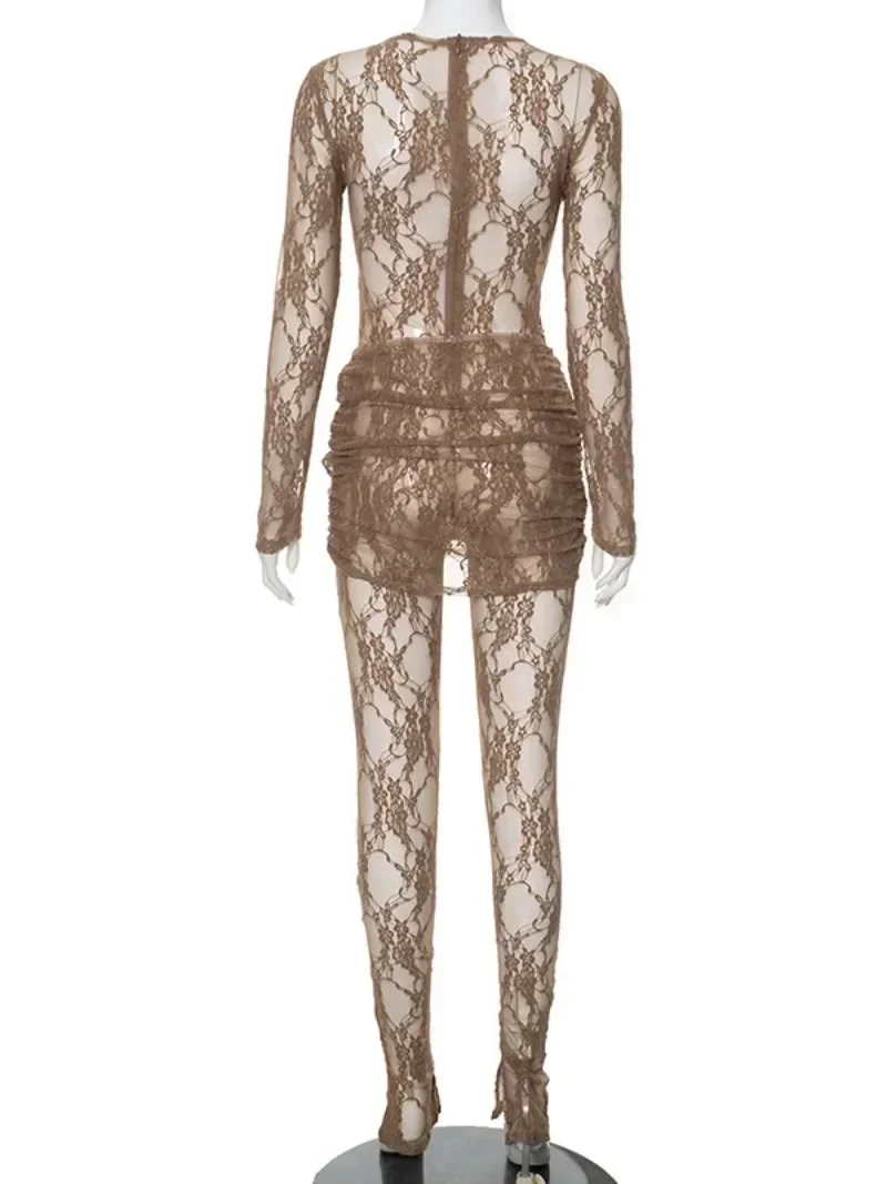 2024 New Lace Jumpsuits for Women Sexy Long Sleeve See-through Bodysuit with Skirts Two-piece Overalls Set Night Club Streetwear