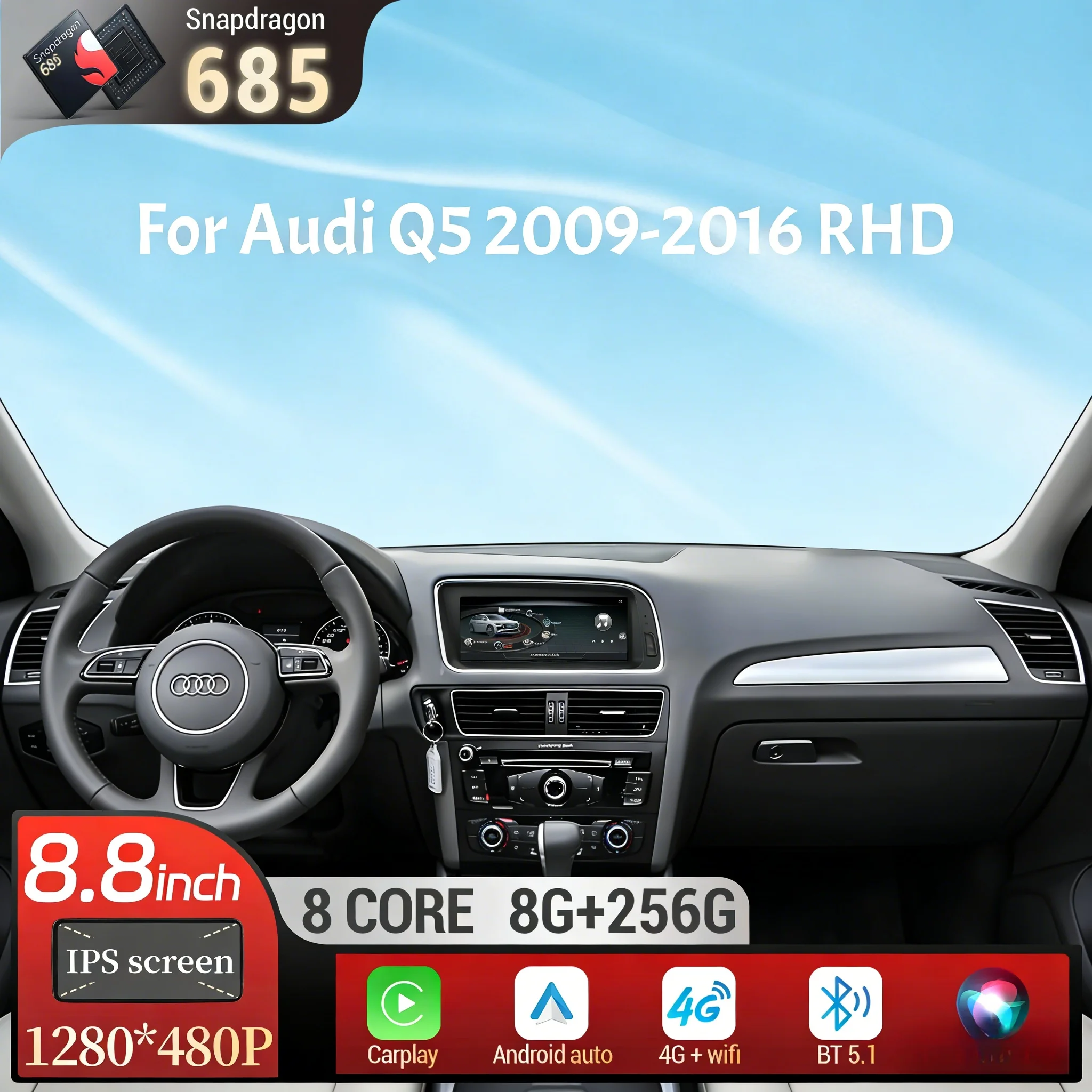 8.8inch Right Hand Drive Android 13 Qualcomm Snapdragon 685 For Audi Q5 2009-2016 Car Radio Wireless Carplay Head Unit Screen