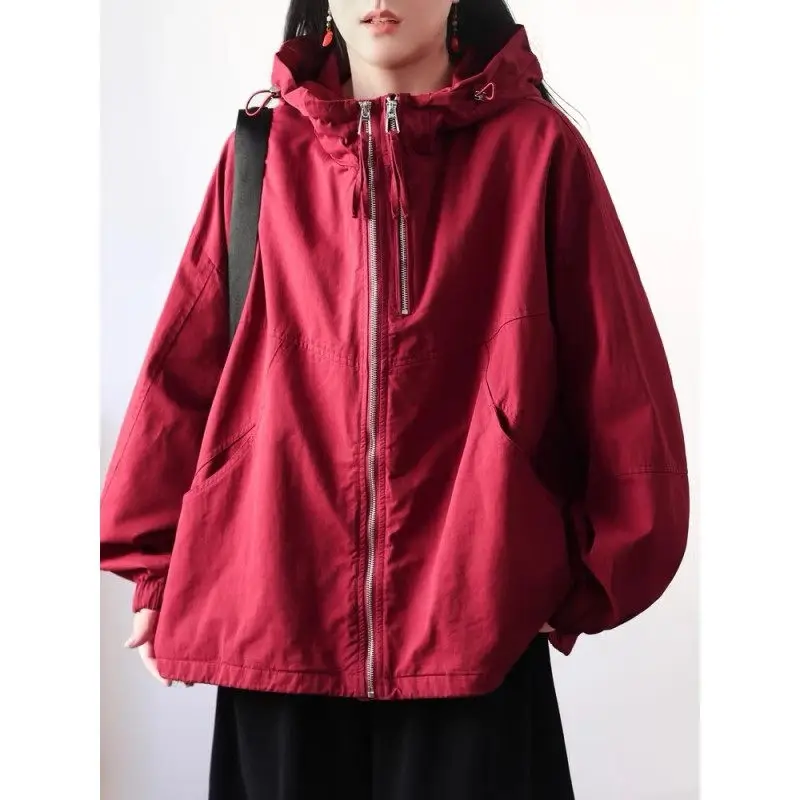 

Autumn New Double Zipper Hooded Trench Coat 2024 Women's Trendy Casual Loose Long Sleeve Solid Color Simple Winbreaker K2230