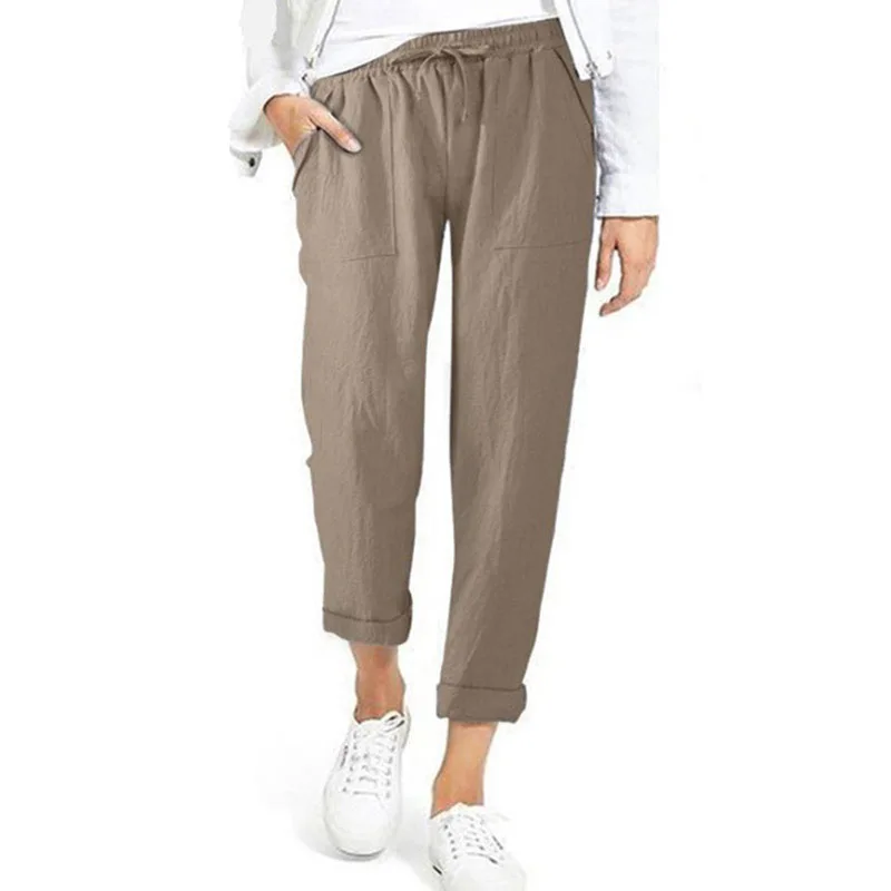 Lucyever Casual Cotton Linen Pants Women Spring Summer High Waist Elastic Ankle-Length Pants Female Solid Pockets Harem Trousers