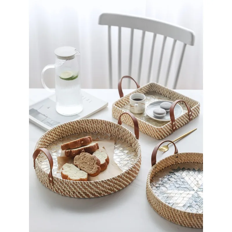American imported shell rattan storage basket round creative snack tray light luxury high-end fruit bread basket