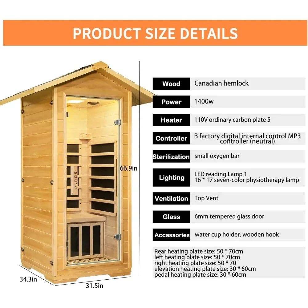 Sauna infrarroja lejana para exteriores para 1 persona, Sauna interior para el hogar de madera con dobladillo canadiense, Sauna seca de 1400W, habitación Personal con altavoces, lámpara LED