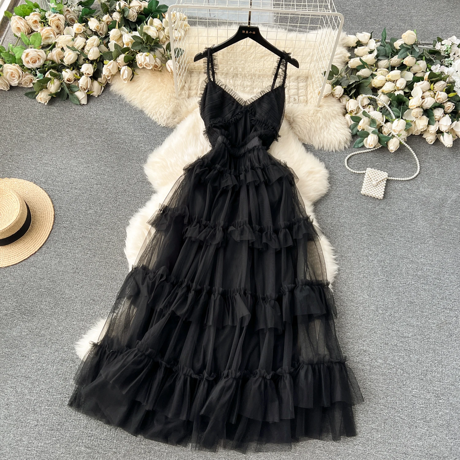 Chic  Sleeveless V Neck Mesh Ruffle Elastic Slim Slip Tiered Dress French Sexy Elegant Party Vestido Women Vintage Summer Dress