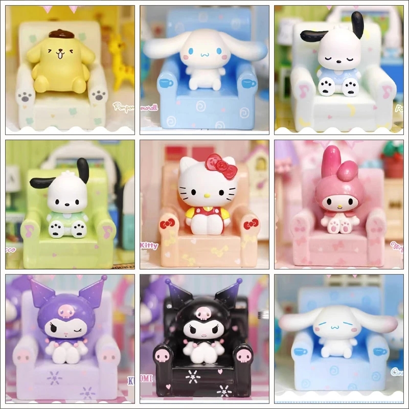 Figuras de acción Kawaii Sanrio Family Sitting Blind Box, modelo de Anime, Kuromi My Melody, Cinnamoroll, decoración de habitación, colección de juguetes, regalo