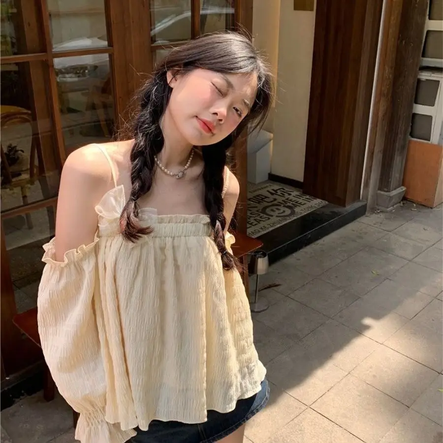 Long Sleeve Shirts Women Spring Summer Bow Folds Off Shoulder Design Stylish Girls Simple Korean Style Slash Neck Creativity