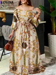 VONDA Bohemian Printed Dress Women 2024 Sexy Off Shoulder Long Lantern Sleeve Party Sundress Belted Vintage Maxi Robe Oversized