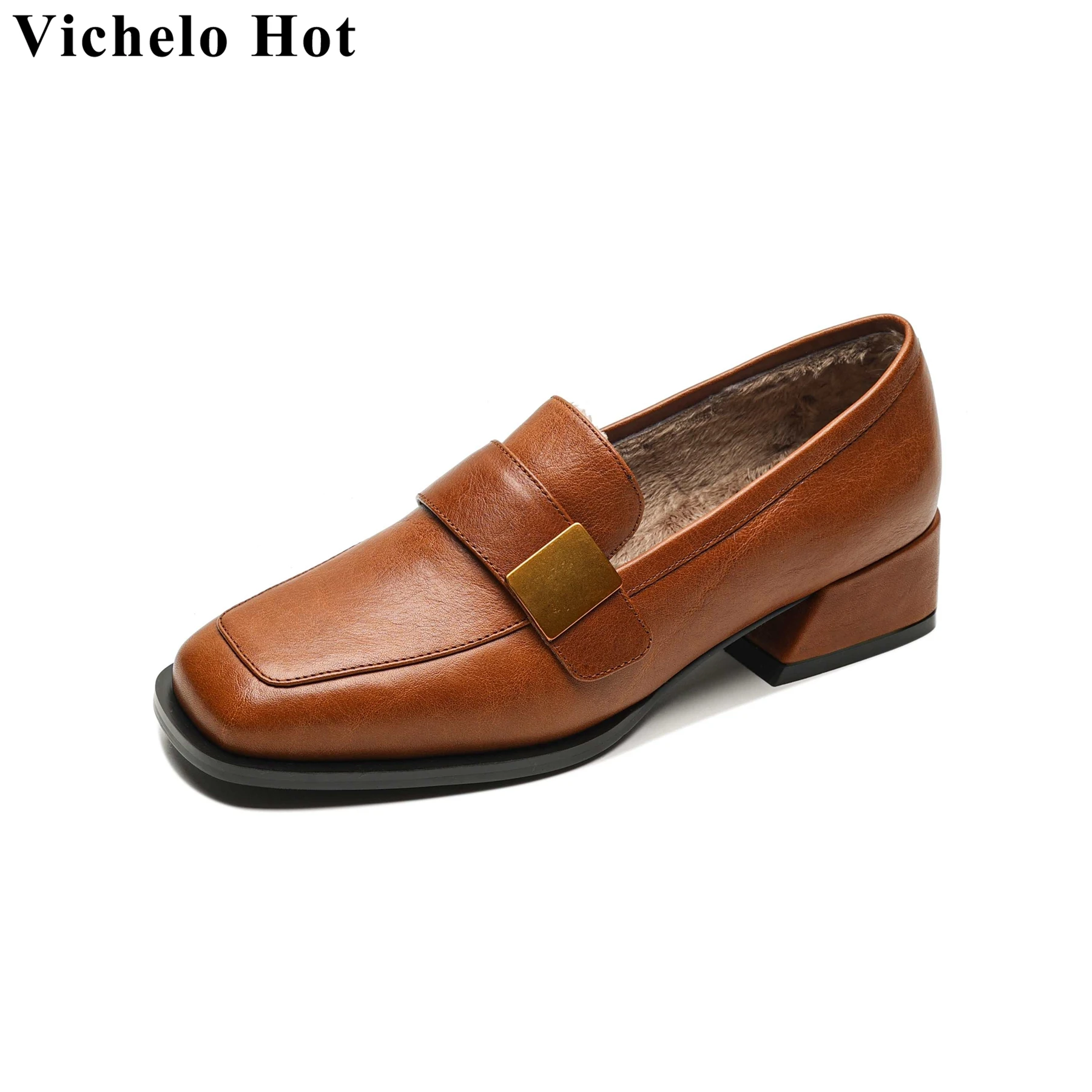 

Vichelo Hot 2024 Handmade Cow Leather Slip On Med Heel Spring Shoes Keep Warm Luxury Loafers Brand Concise Winter Women Pumps