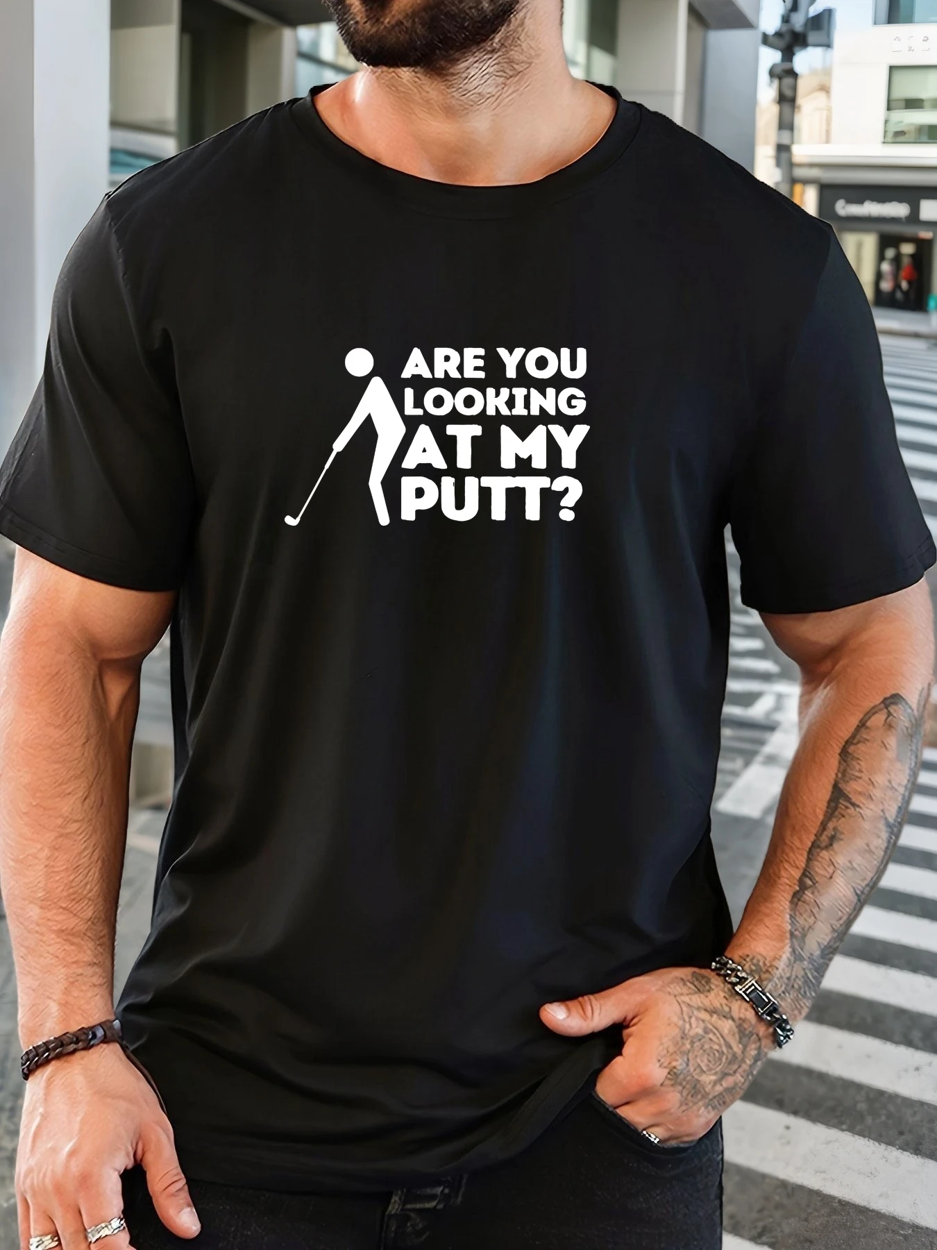 

Male ARE YOU LOOKING AT MY PUTT_ pattern summer casual crew neck short T-shirt