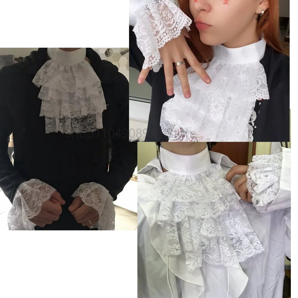 Jabot – col victorien en dentelle à volants, pour adultes, femmes et hommes, blanc, noir, accessoires de Costume de la Renaissance