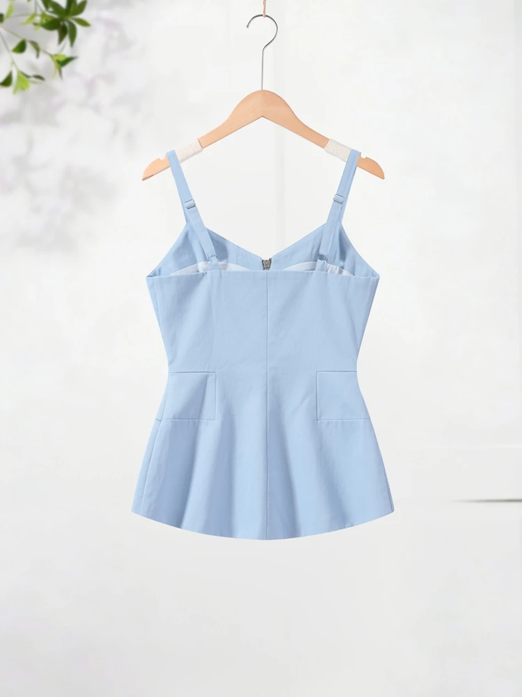 Spaghetti-Träger-Top mit Reißverschluss und Taillenbetonung für Damen, sexy V-Ausschnitt, ärmellos, rückenfrei, schmal geschnitten, figurbetontes Oberteil, charmante Damen-Partykleidung, Streetwear – Detail 5