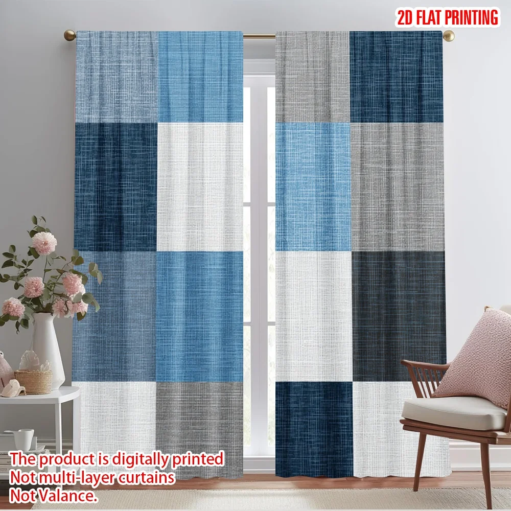 

2pcs 2D flat printing Party Window Curtains Blue Grid Harmony Fabric Without Electricity Festive Wall Decor Use for Decorations