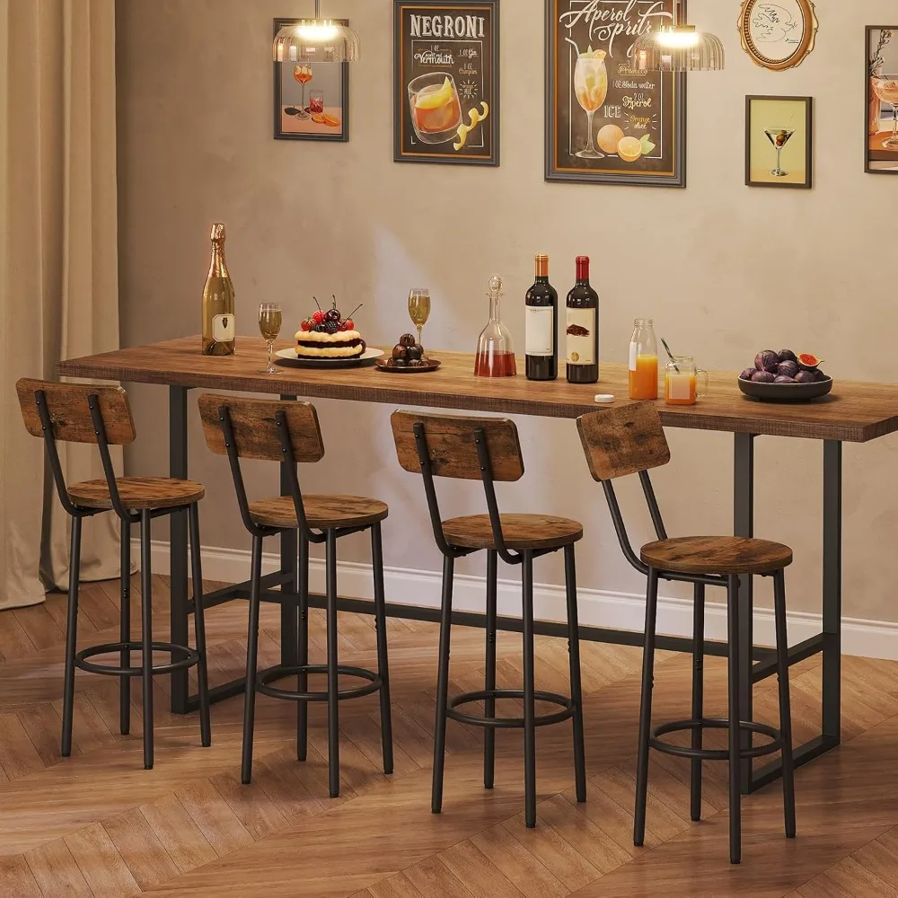 Set of 2 Round Bar Stools with Back,25.2" Kitchen Island Chairs,Easy Assembly,Rustic Brown & Black