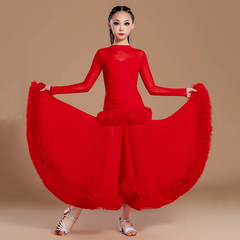 

Children Flower Border Modern Dancewear Girls Competition Uniform National Standard Ballroom Regulations Social Dance Costume