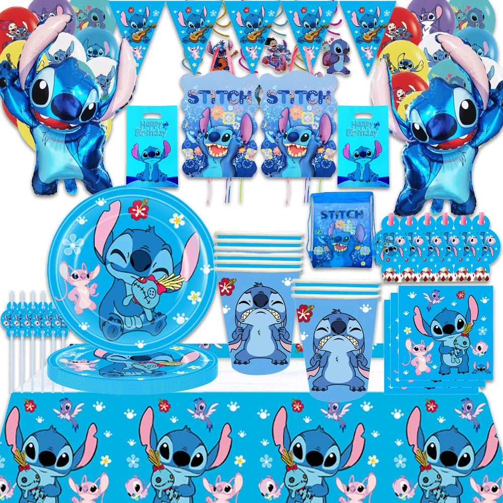 Disney Lilo & Stitch Birthday Party Decoration Disposable TablewareBlue Angel Pinata Balloon Paper Plates Cup Napkins Tablecloth