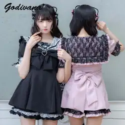 New Japanese Style Summer Sweet Outfit Shorts Set Cute Girl Women's Big Bow Lace-up Short Sleeve Shirt Top and Shorts