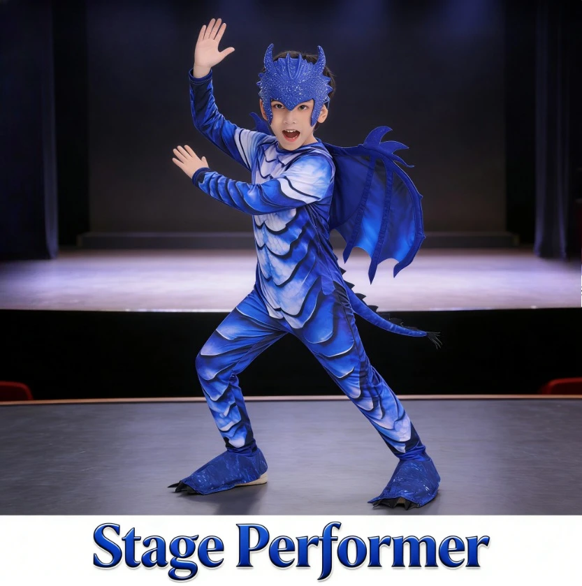 

Kids Ice Dragon Knight Cosplay Costume Set With Double Sided Printed Wings For Halloween Theme Party Stage Performance