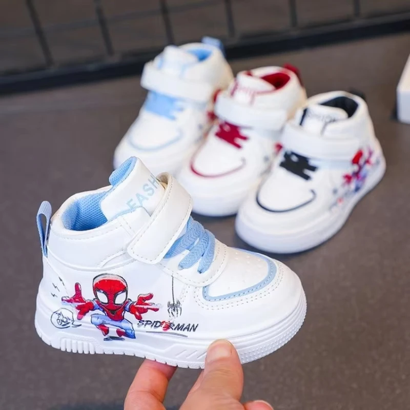 

Детская повседневная обувь Disney «Человек-паук», кроссовки, высокие зимние туфли из искусственной кожи для мальчиков, нескользящие толстые белые и красные туфли на липучке