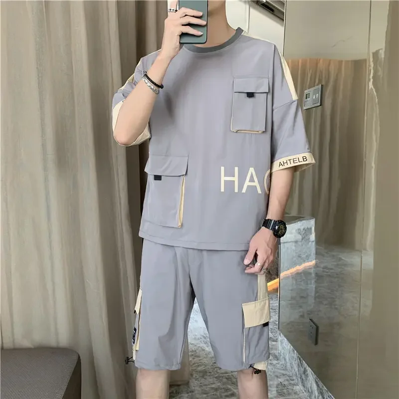 Sports Suits Alphabet Men\'s Clothing Sweatpants Top Grey Shorts Sets Jogging T Shirt Man Sweatshirt Tracksuit Kpop 2024 Trend Xl