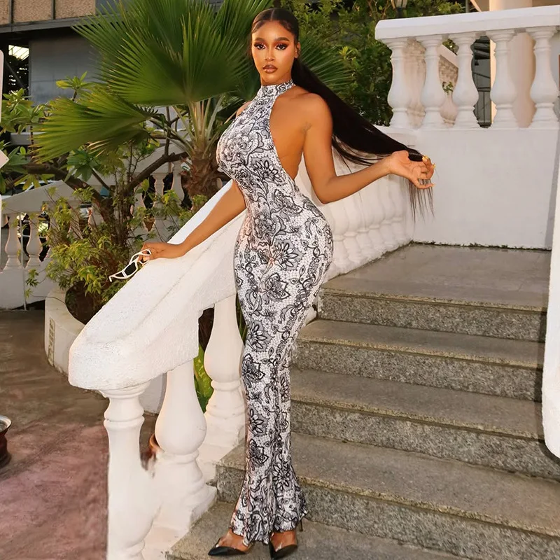 

Lace Up Halter Backless Floral Print Slim Flare Jumpsuits Women Summer Sexy Sleeveless Slim Night Club Overalls Street Rompers