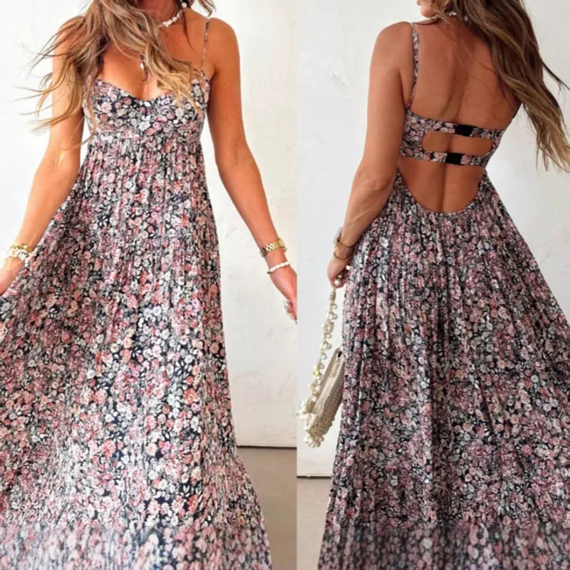 Feminino elegante floral impressão estilingue vestido sexy fora do ombro sem costas longo plissado vestido de festa moda altura cintura balanço bohe vestido