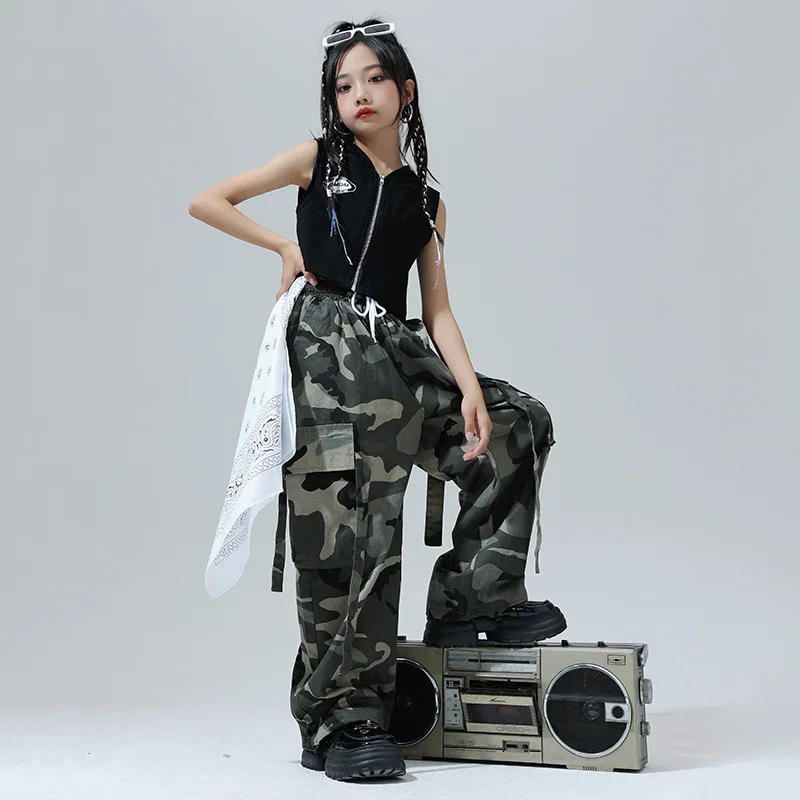 Girls Hip Hop Sets Crop Tank Hoodies Camouflage Cargo Pants Children Street Dance Kids Streetwear Jazz Hooded Clothes