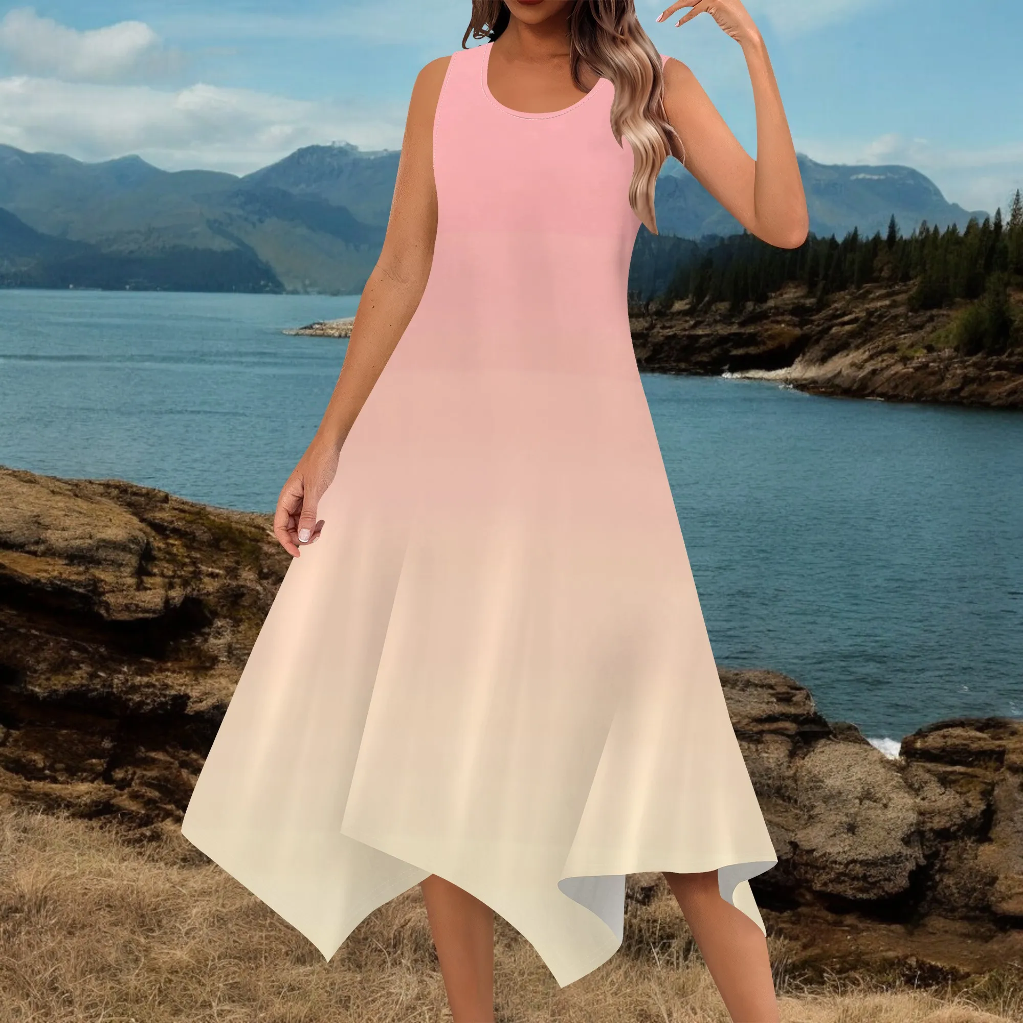 Abiti estivi midi da donna 2025 Abiti da spiaggia per le vacanze Abito casual ampio senza maniche Abito fluido alla moda
