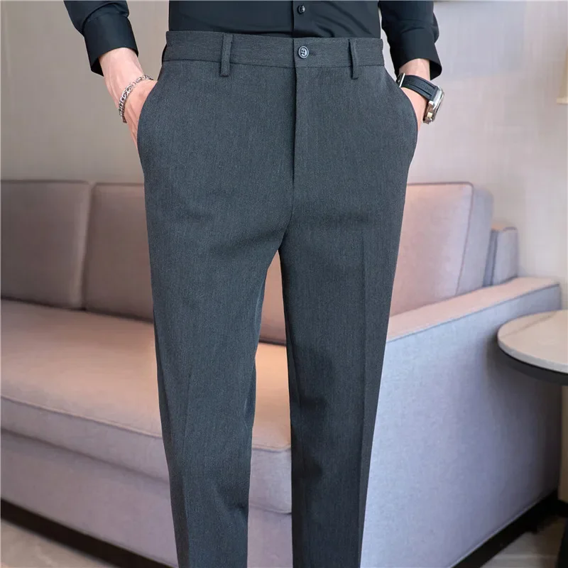 Men Suit Pants 2024 Autumn New British Style Elastic Waistband Slim Fit Solid Business Casual Formal Dress Trousers Men Clothing