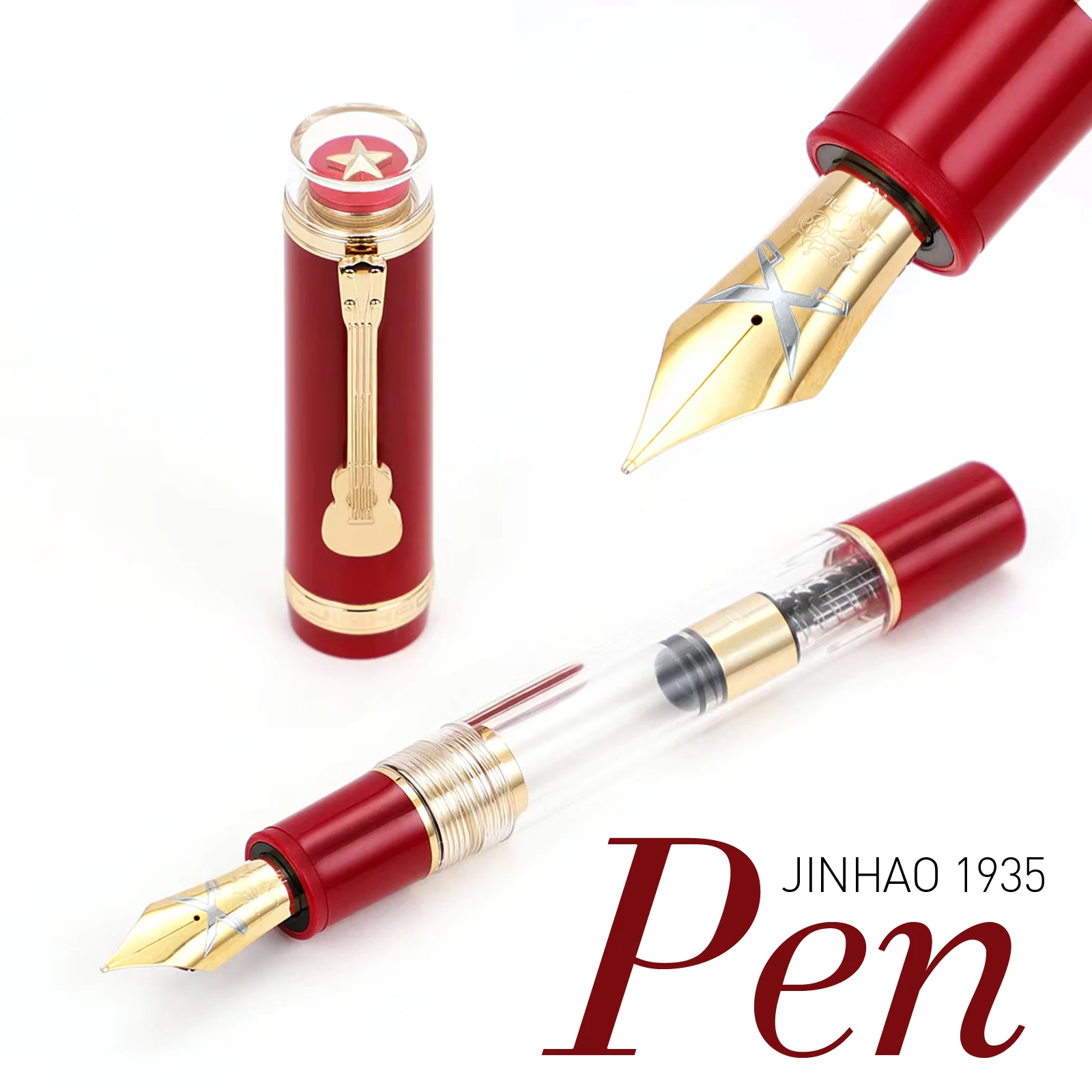 jinhao caneta tinteiro com clipe de guitarra canetas de tinta vermelha transparente canetas de luxo presente escolar e material de escritorio f ou m nib 1935 01