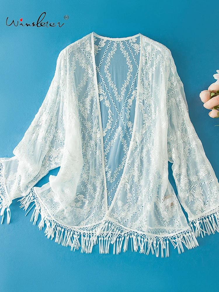 Winsleter-Women 100%Real Silk Elegant Sunscreen Tops, Long Sleeve Tassels, Versatile Loose Sunshade Coat, 2025 Summer C55402CC