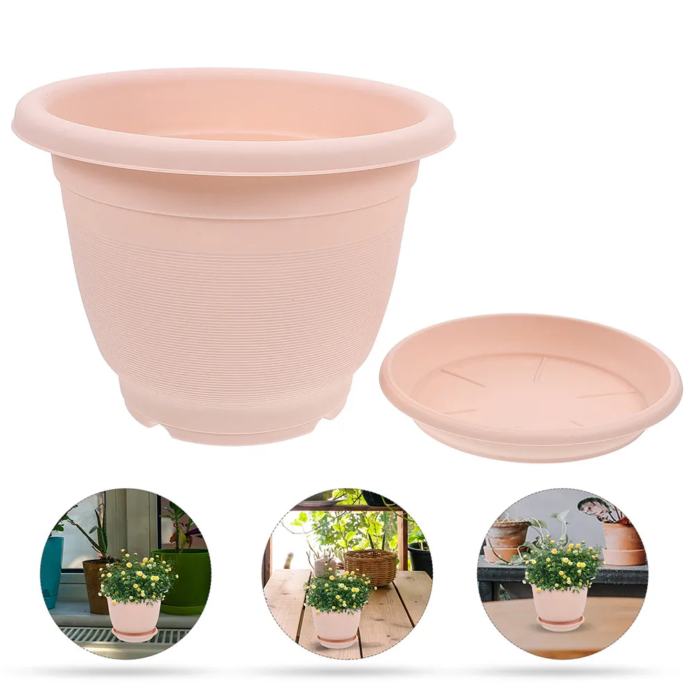 5 Sets Indoor Round Planters with Drainage Holes & Catcher Trays, Smooth Surface Flowerpots for Living Room