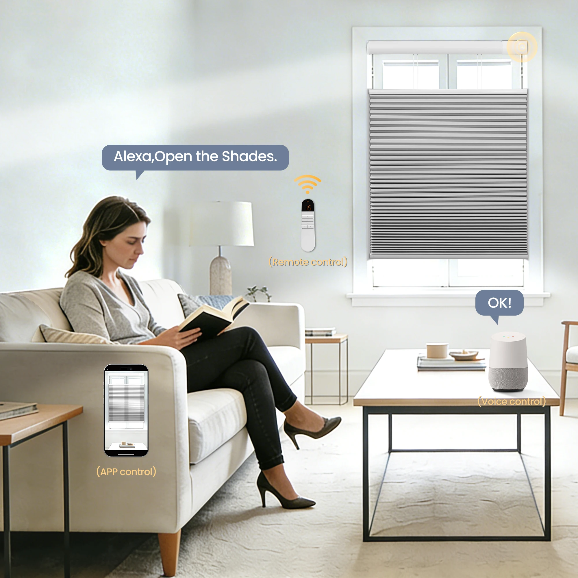 Pocageum Customizable Motorized Honeycomb Shades Smart Voice & APP Remote Control Blinds for Home Office Bedroom Window Decor