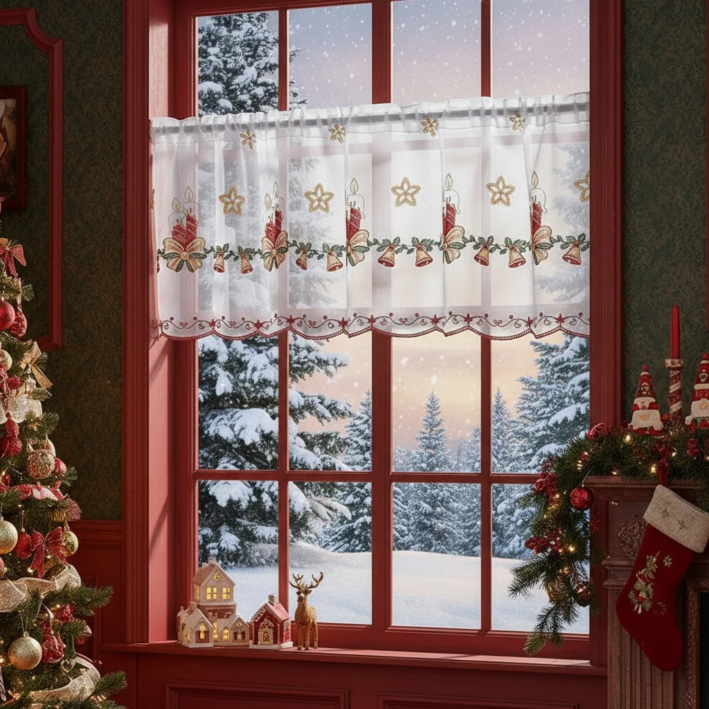 Christmas Candle Coffee Curtain Short Window Sheer Curtain for Kitchen Cafe Tier Valance Home Decor Xmas Decoration 150x60cm