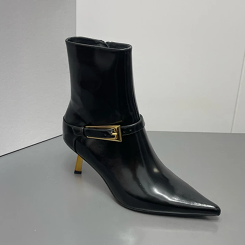 Maxdutti Minimalist Genuine Leather Pointed Toe Shoes Women's Winter Boots French Gold Square Toe High-heeled Ankle Boots Women