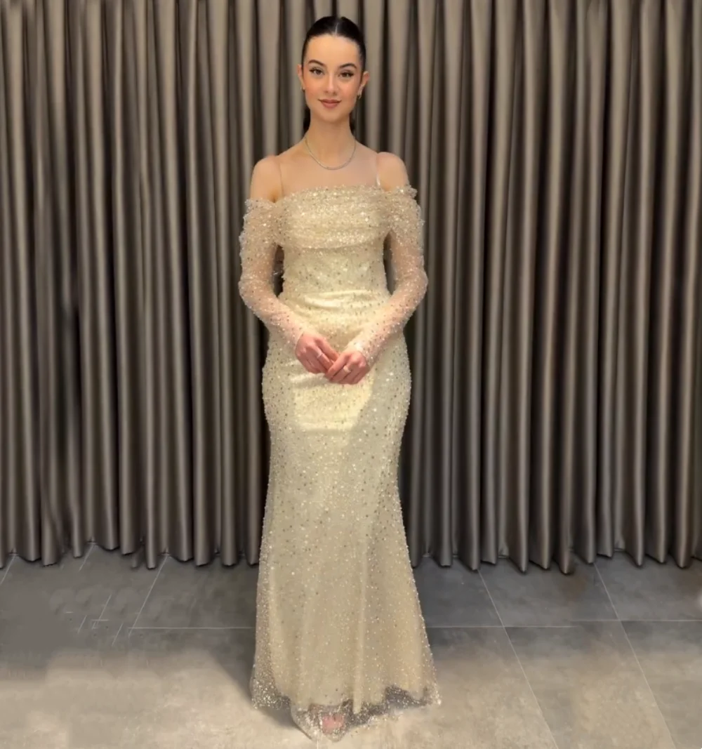 

Customized Glitter Sequined Pleat Off-the-shoulder Long Dresses Women's Evening Dress Bespoke Occasion Elegant Party Wedding